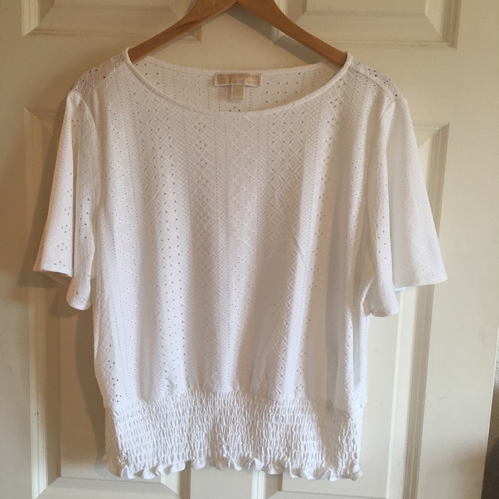COPY - COPY - Michael Michael Kors White Ribbing Perforated Blouse Top Short Sl…